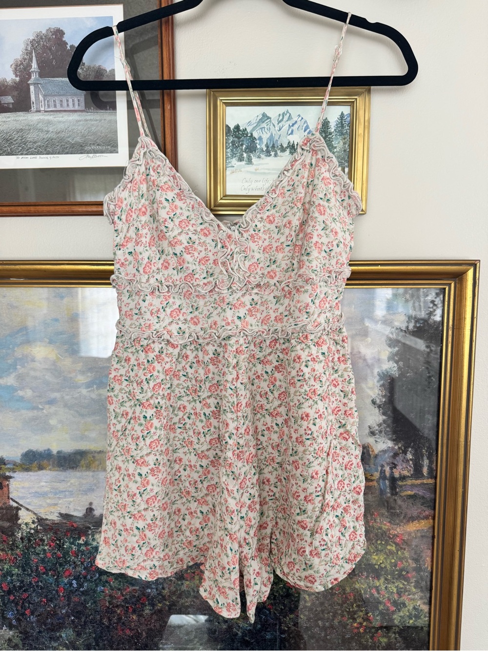 Altar'd State Serenity Romper with Pink & Green Floral Accents | Size Small